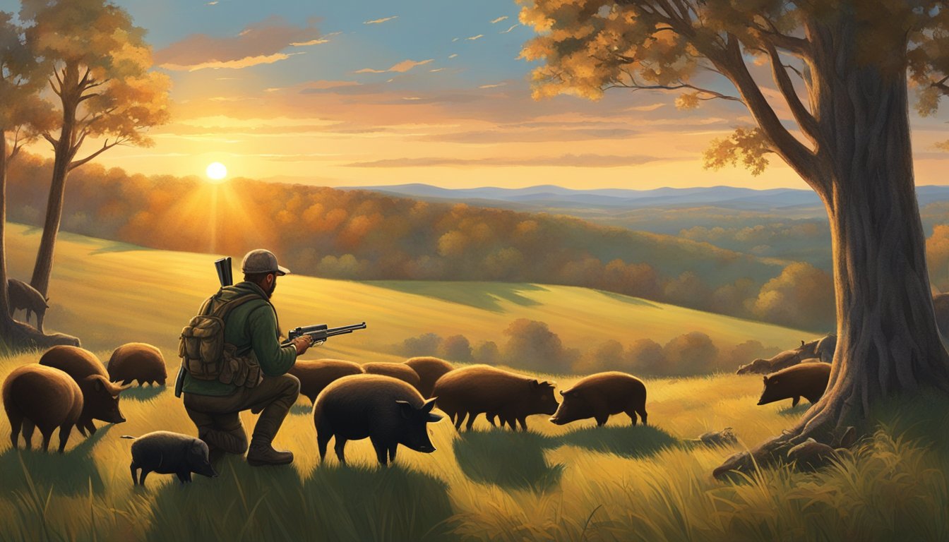 A hunter crouches behind a tree, aiming a rifle at a group of hogs grazing in a clearing. The sun sets behind the rolling hills of Pennsylvania