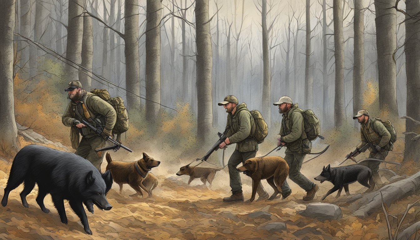 A group of hunters with dogs tracking a wild hog through a dense forest in Pennsylvania