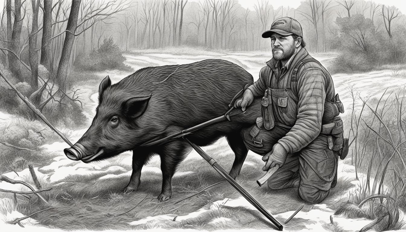 A hunter processes a wild hog after a successful hunt in rural Pennsylvania, utilizing every part of the animal