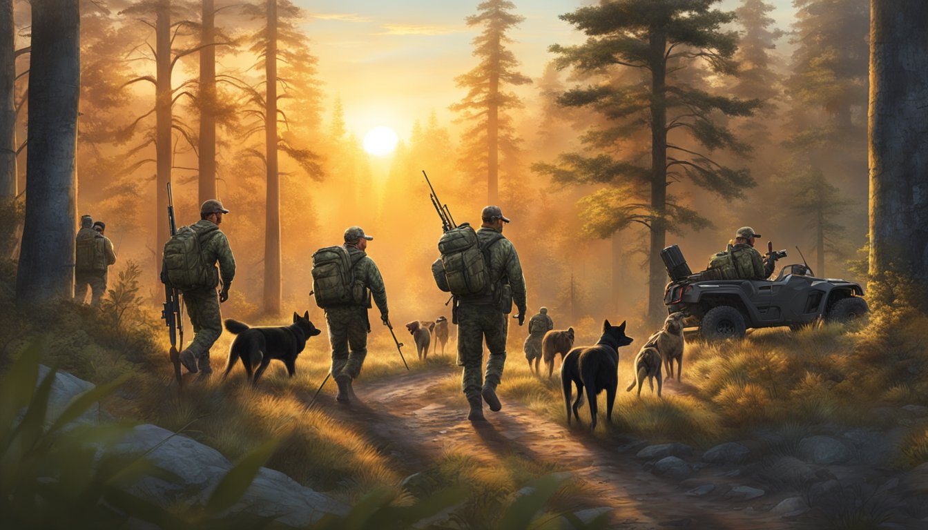 A group of hunters in camouflage gear trek through a dense forest with hunting rifles, dogs, and ATVs, while the sun sets over the horizon