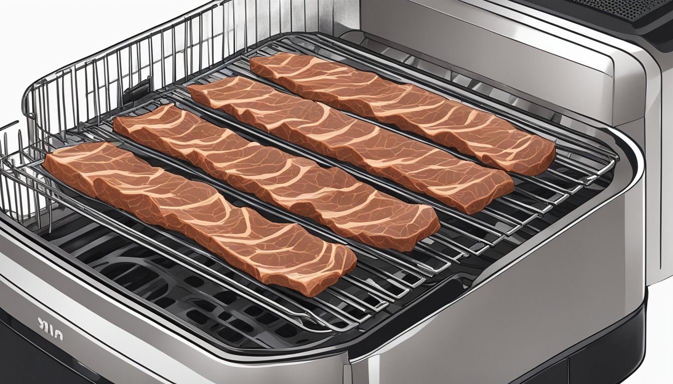 Beef strips in marinade laid out on a wire rack inside an air fryer, with the dehydrating process in motion