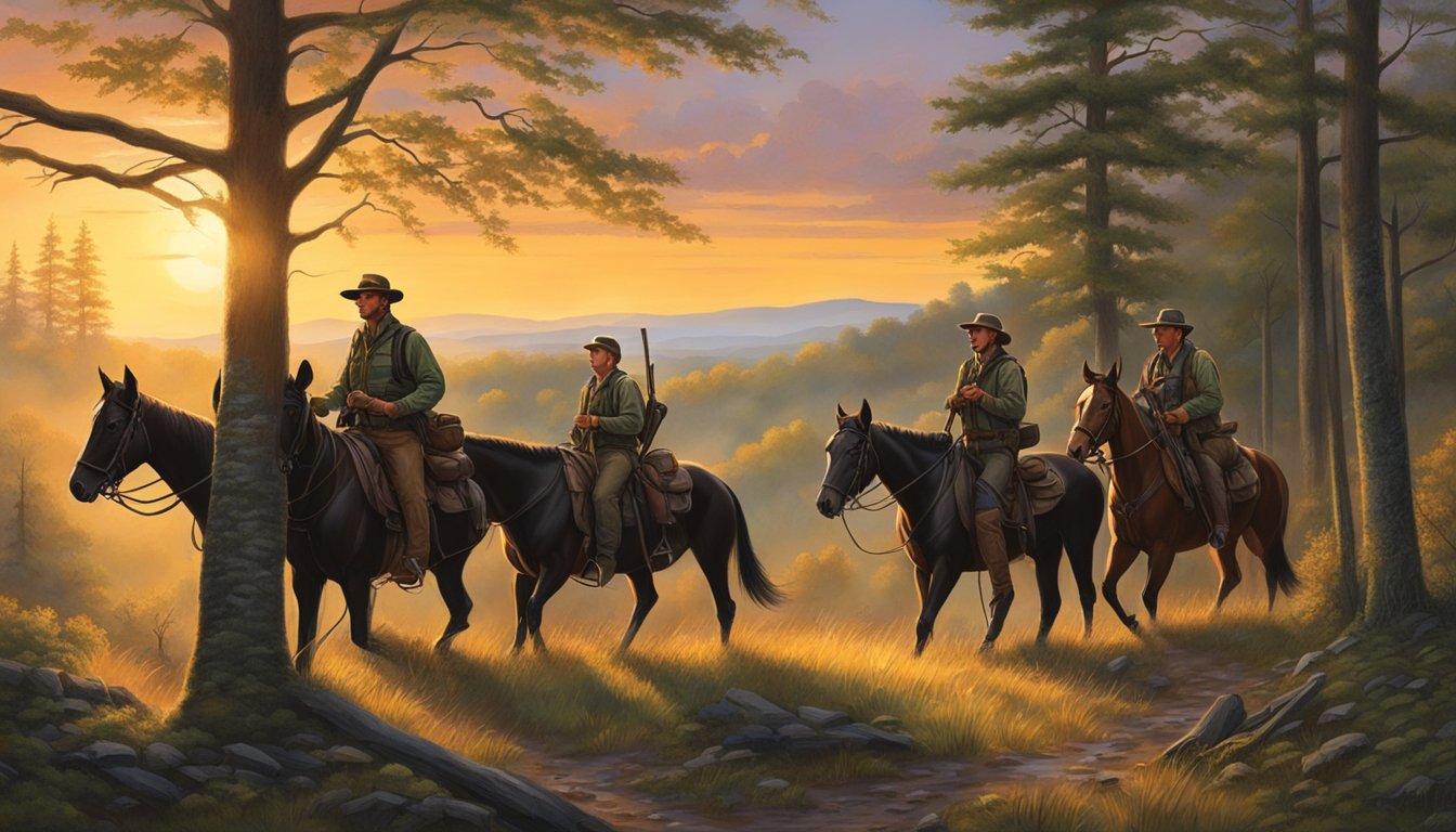 A group of hunters trek through the dense Pennsylvania forest, rifles in hand, in search of wild hogs. The sun sets behind the rolling hills, casting a warm glow over the rugged terrain