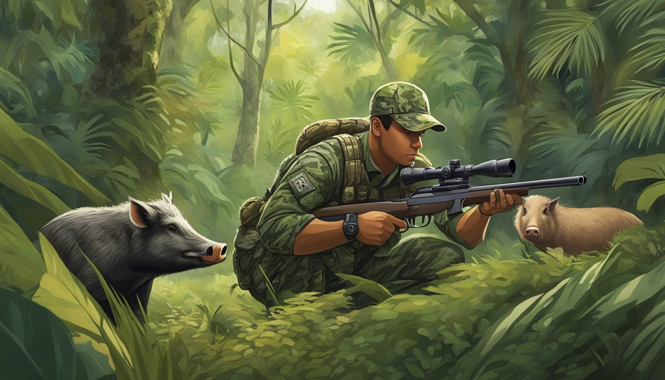 A hunter in camouflage aiming a rifle at a wild hog in the lush Puerto Rican forest