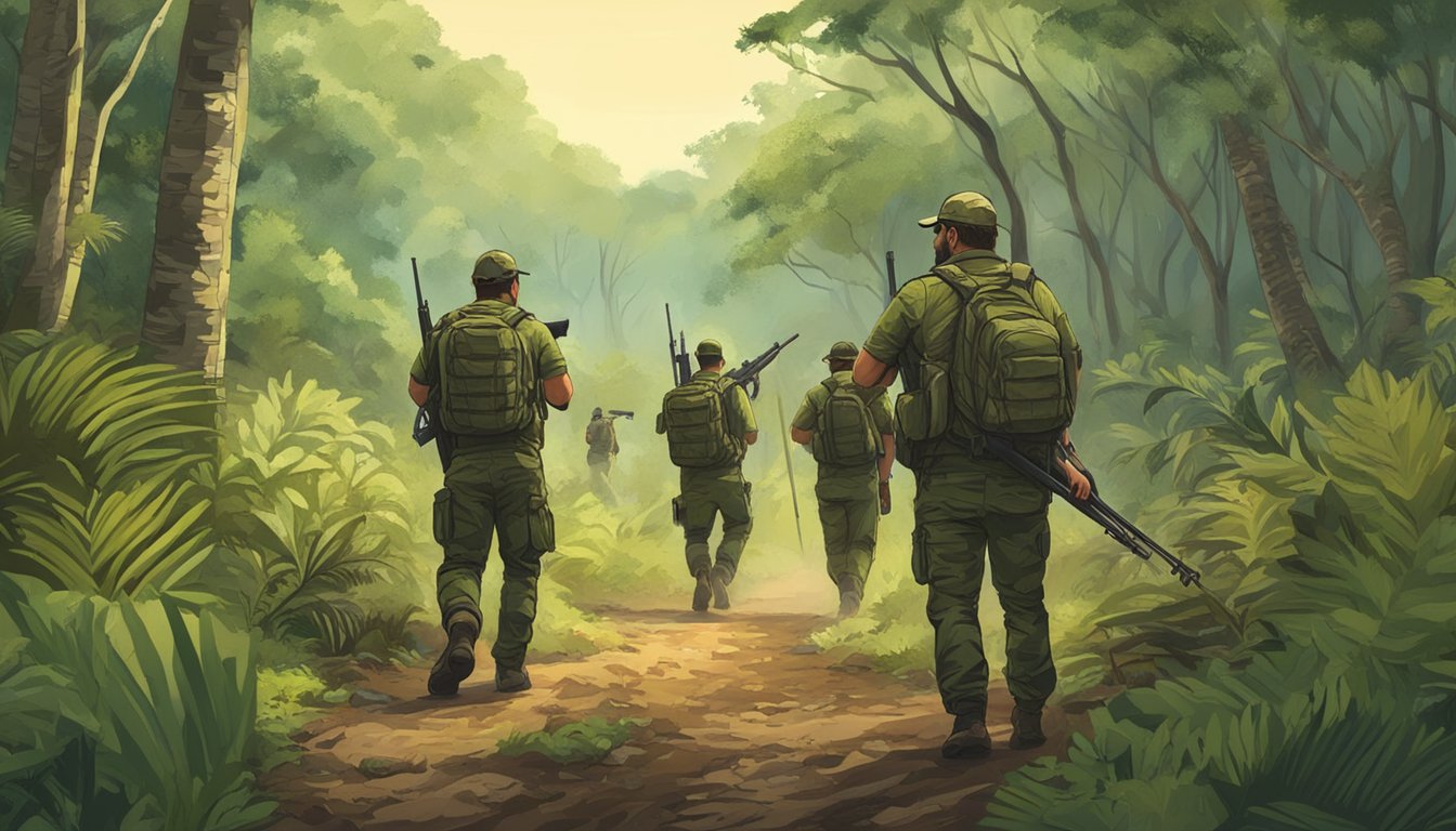 A group of hunters in a forest, tracking and hunting wild hogs in Puerto Rico. The hunters are armed and moving through the dense vegetation