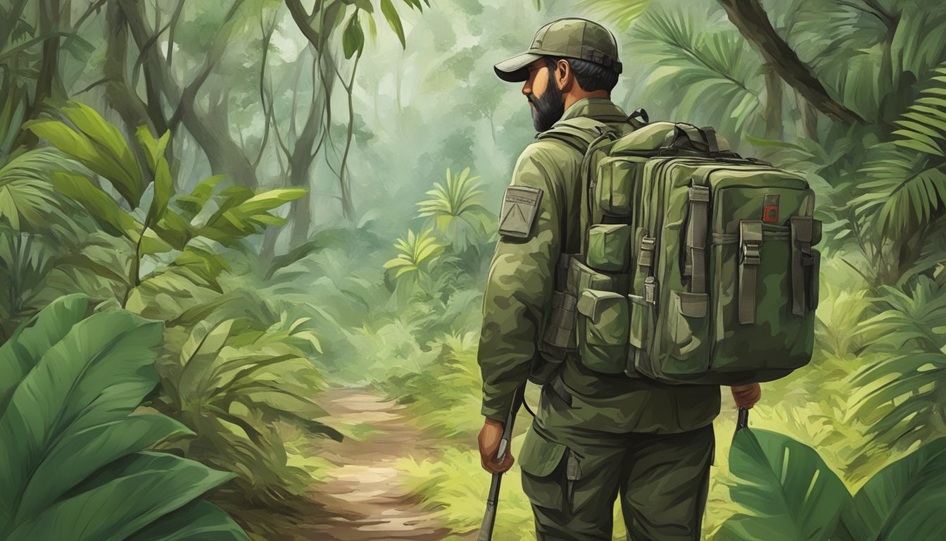 A hunter in camouflage gear carries a first aid kit while navigating through dense vegetation in the Puerto Rican jungle