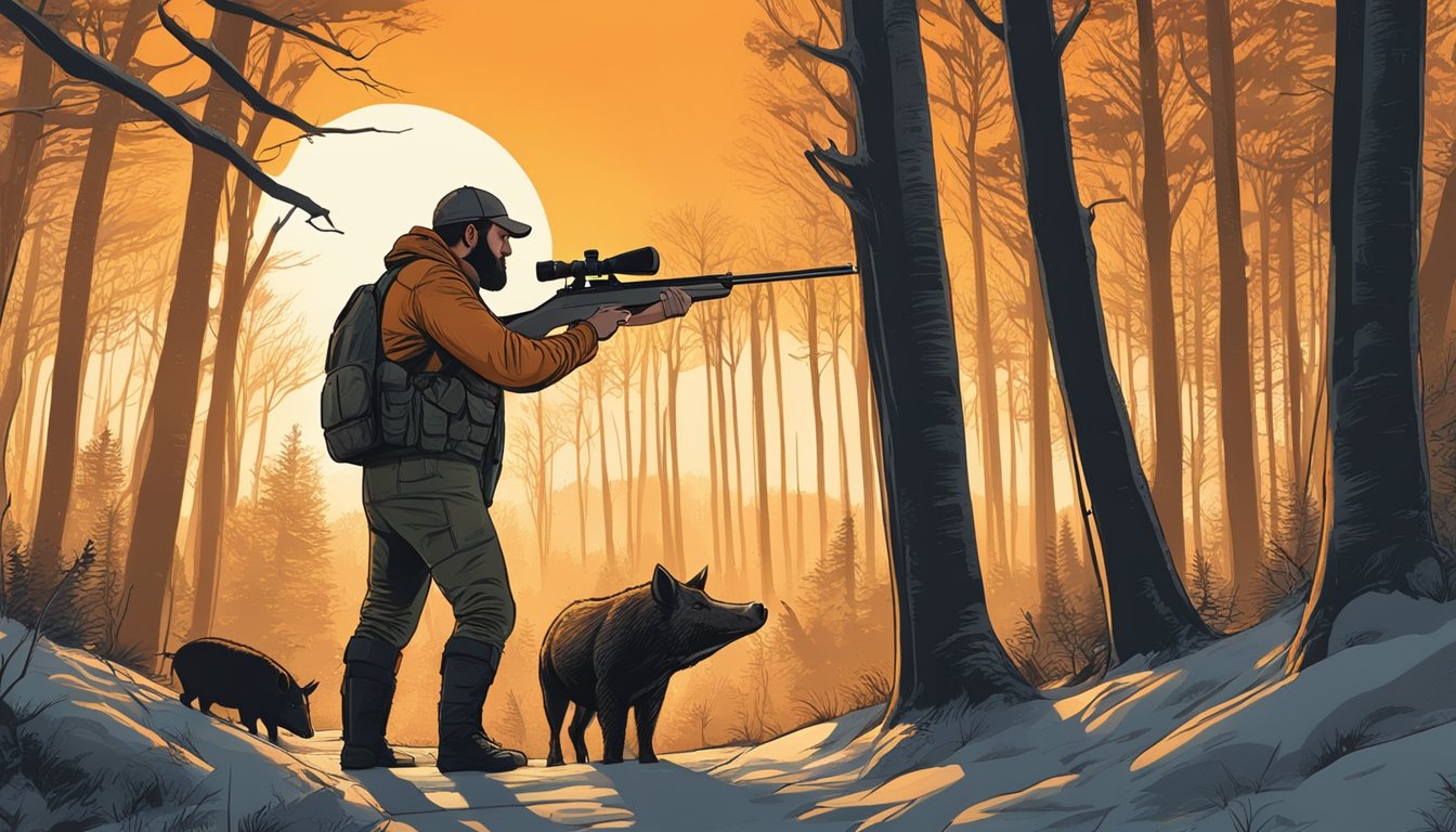 A hunter stands in a wooded area, aiming a rifle at a large wild hog. The sun sets behind them, casting an orange glow over the scene