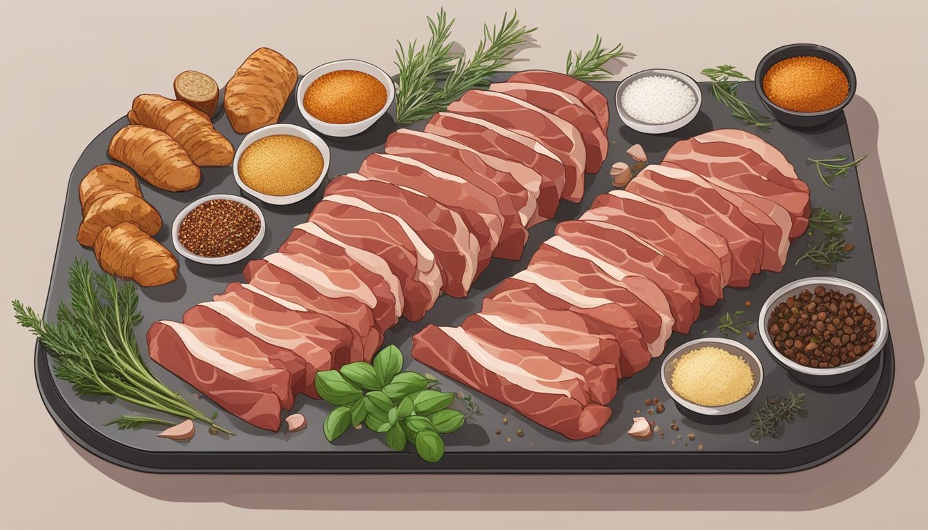 Slices of meat arranged on air fryer tray, surrounded by seasonings and herbs. Heat radiates from the appliance as the meat slowly dehydrates