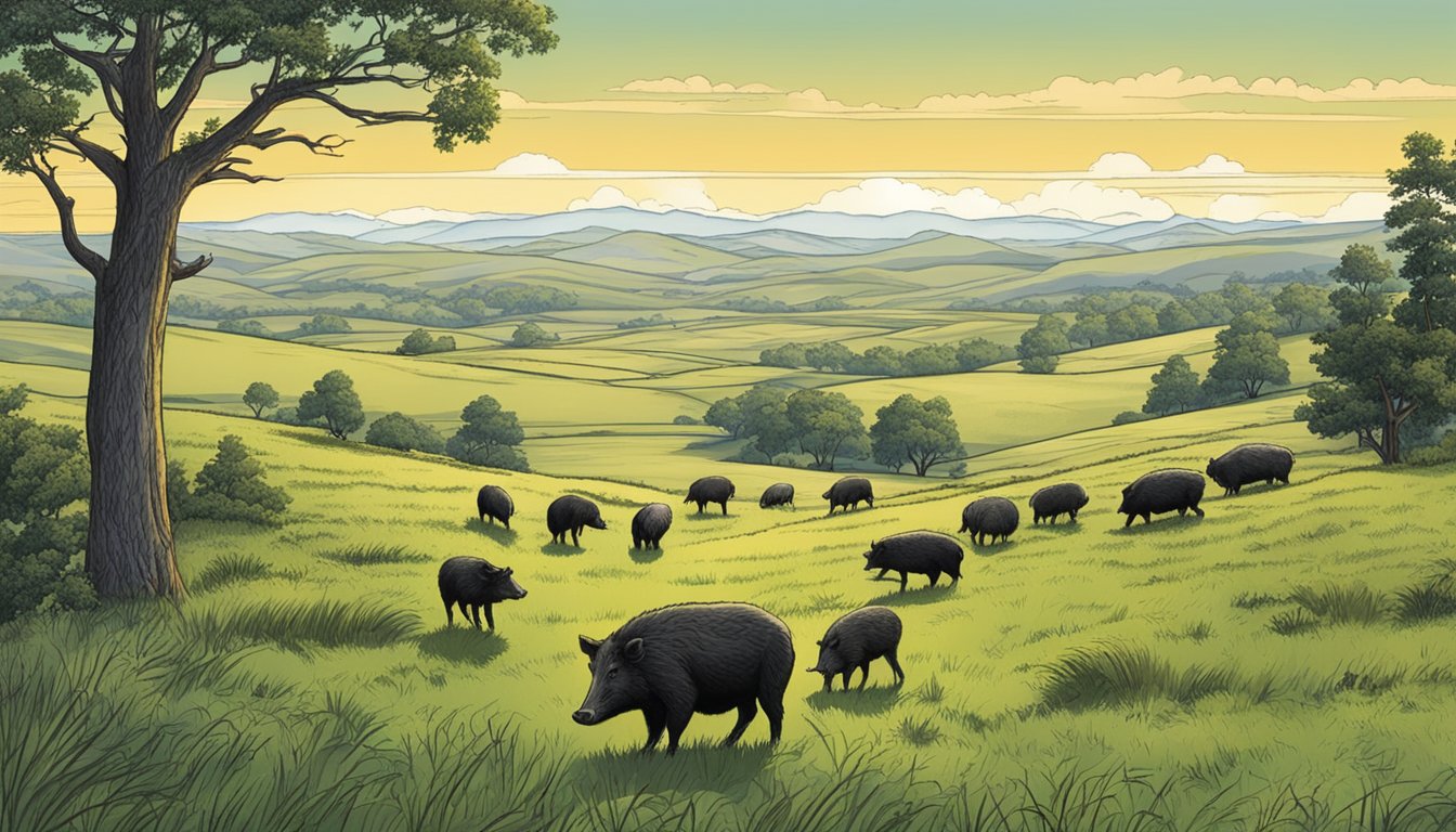 Open grassland with scattered trees, rolling hills, and a stream. A group of wild hogs foraging in the distance