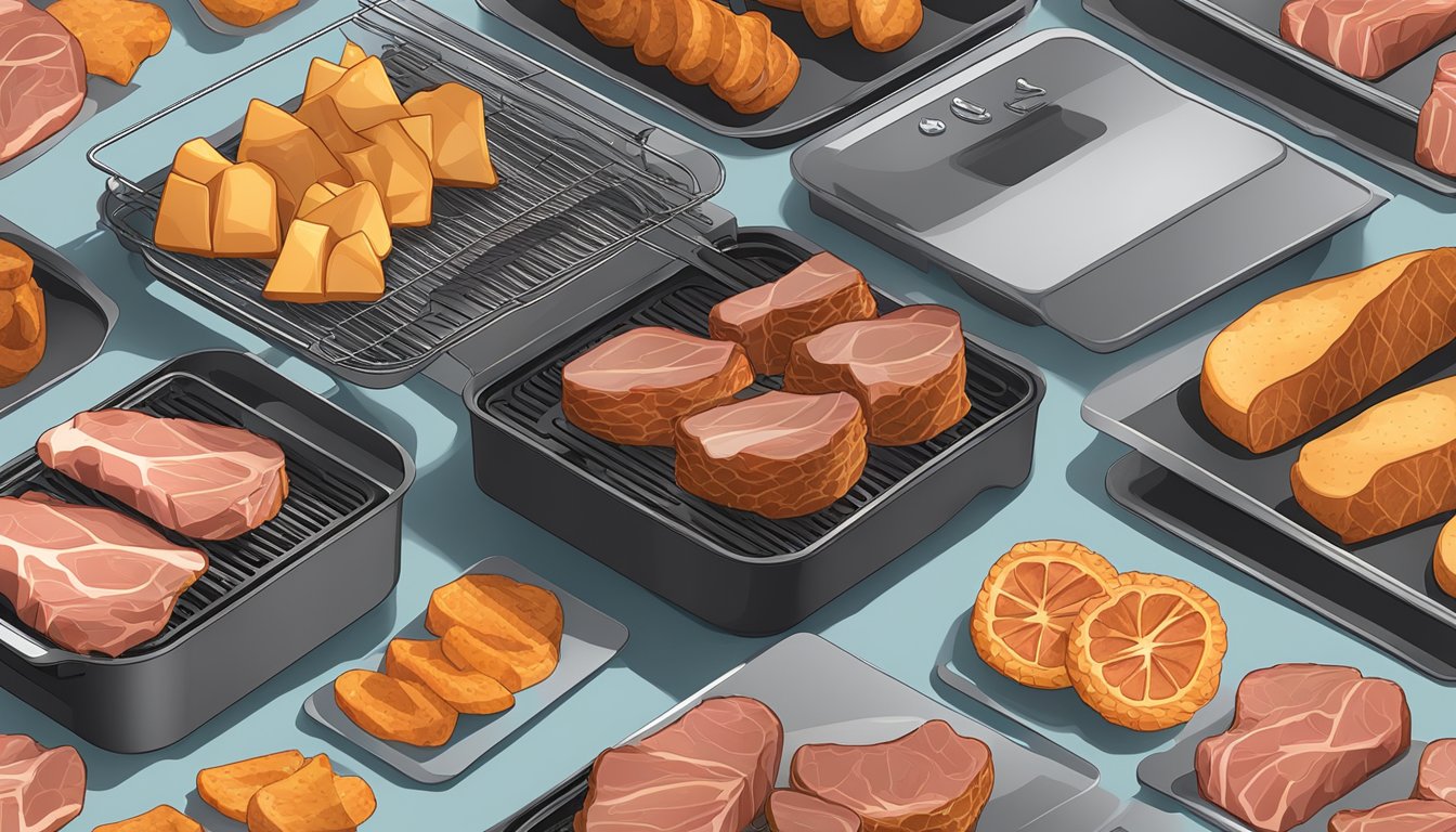 Slices of meat arranged on air fryer trays, with the appliance set to low heat for dehydration