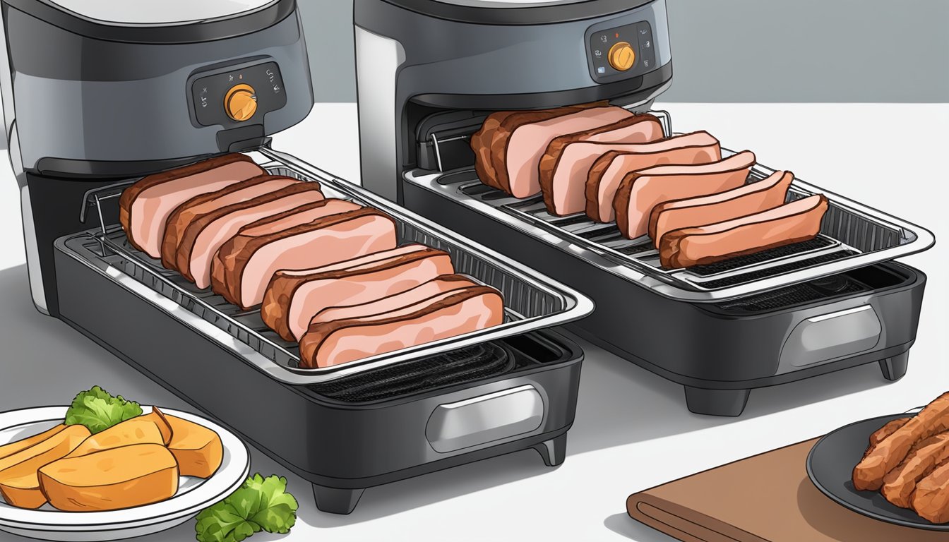 Slices of meat arranged on air fryer trays, with the machine set to low heat and the timer programmed for several hours