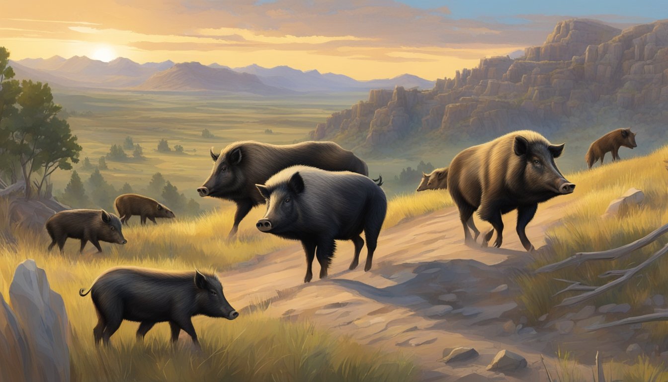 A group of wild hogs roam the rugged terrain of South Dakota, with other wildlife and game animals scattered throughout the landscape