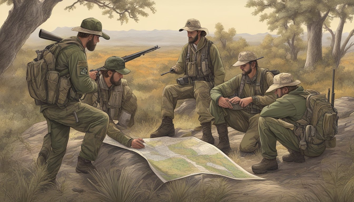 A group of hunters in camouflage gear gather around a guide, studying a map of the Texas wilderness. Dogs eagerly wait nearby, ready for the hunt