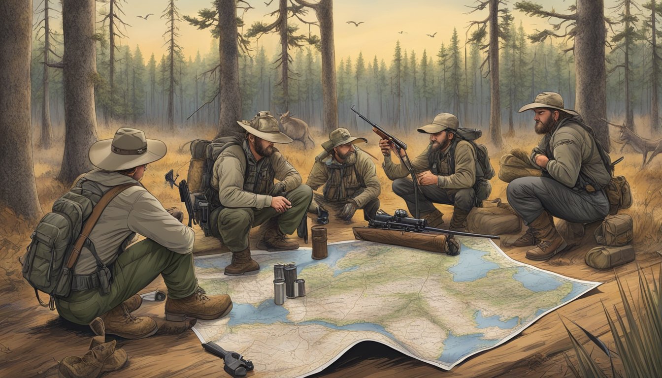 A group of hunters gather around a map, pointing to different locations in the Texas wilderness. Rifles and gear are strewn around the table as they plan their hog hunting expedition