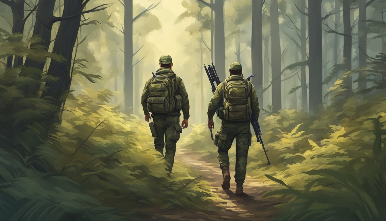 A hunter carrying a rifle and wearing camouflage gear walks through a dense forest, surrounded by tall trees and thick underbrush