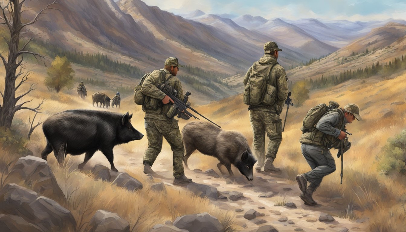 A group of hunters in camouflage gear tracking wild hogs through the rugged terrain of a Utah hunting ranch