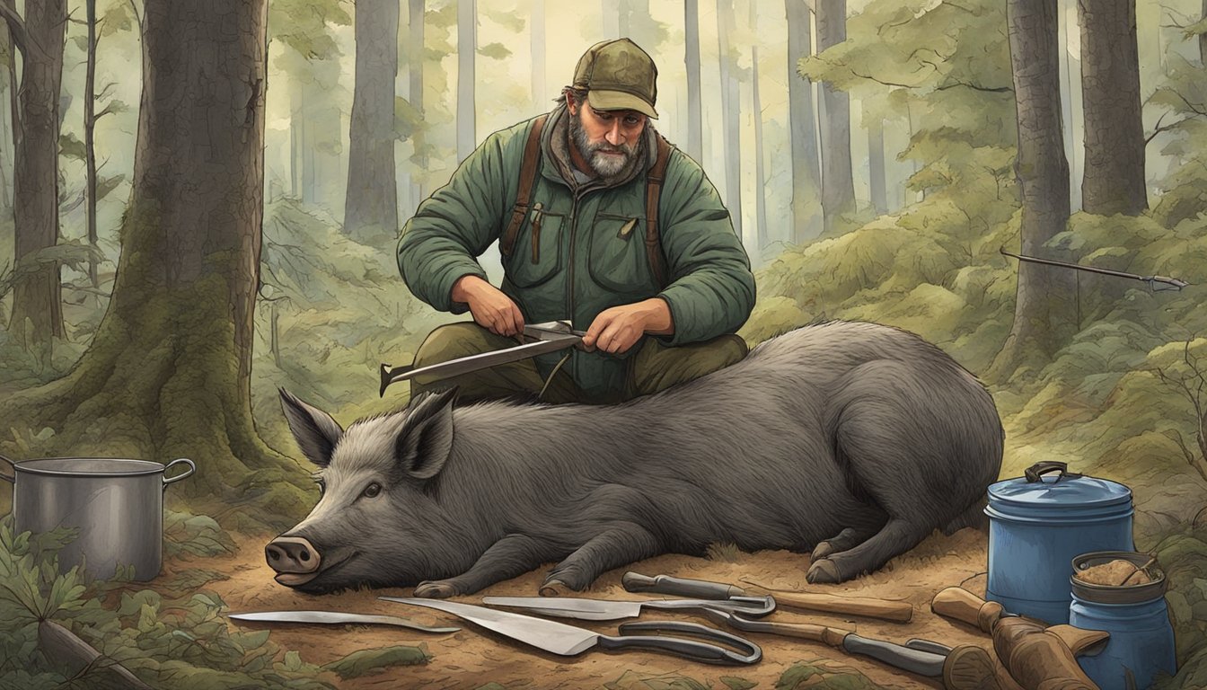 A hunter butchering a wild hog in a forest clearing, surrounded by hunting gear and cooking utensils