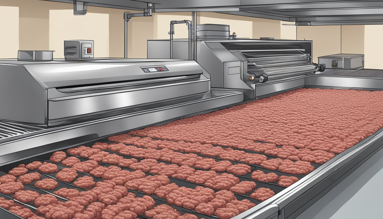 Ground beef being spread out on dehydrator trays, with the machine set up and ready to begin the dehydration process