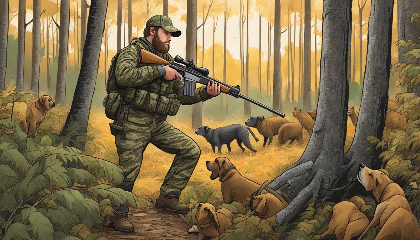 A hunter in camouflage gear loads a rifle near a dense forest in Virginia, while hunting dogs eagerly await the upcoming hog chase