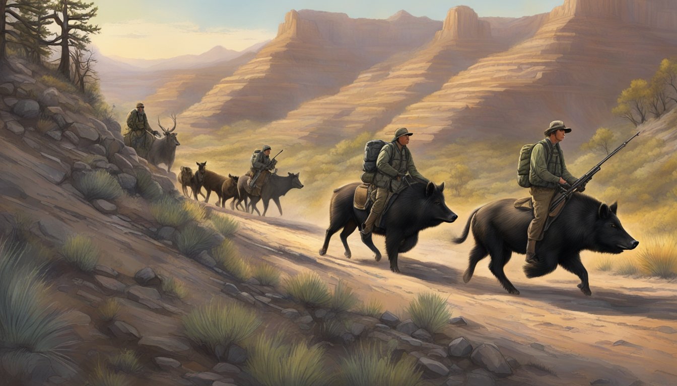 A group of hunters tracking wild hogs in the rugged terrain of Utah, with a focus on conservation and sustainable management