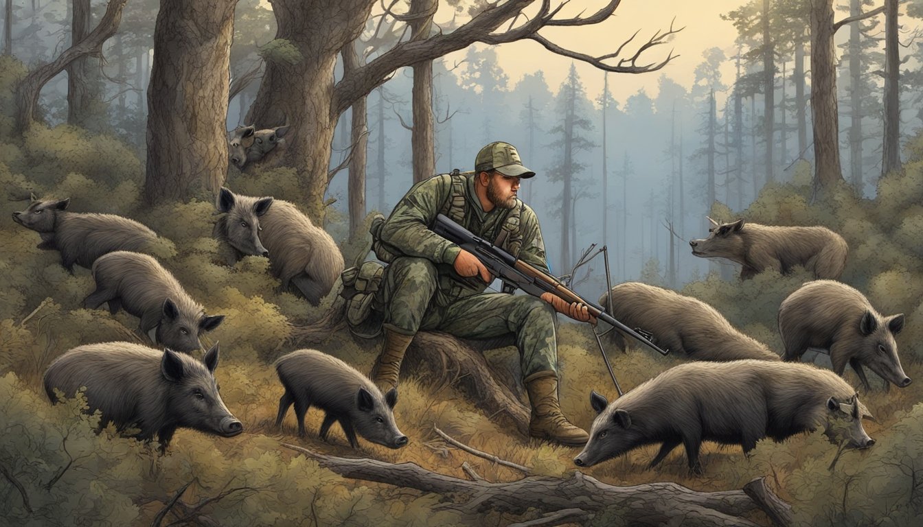 A hunter in camouflage waits in a tree stand, rifle at the ready, as a group of wild hogs root around in the underbrush below