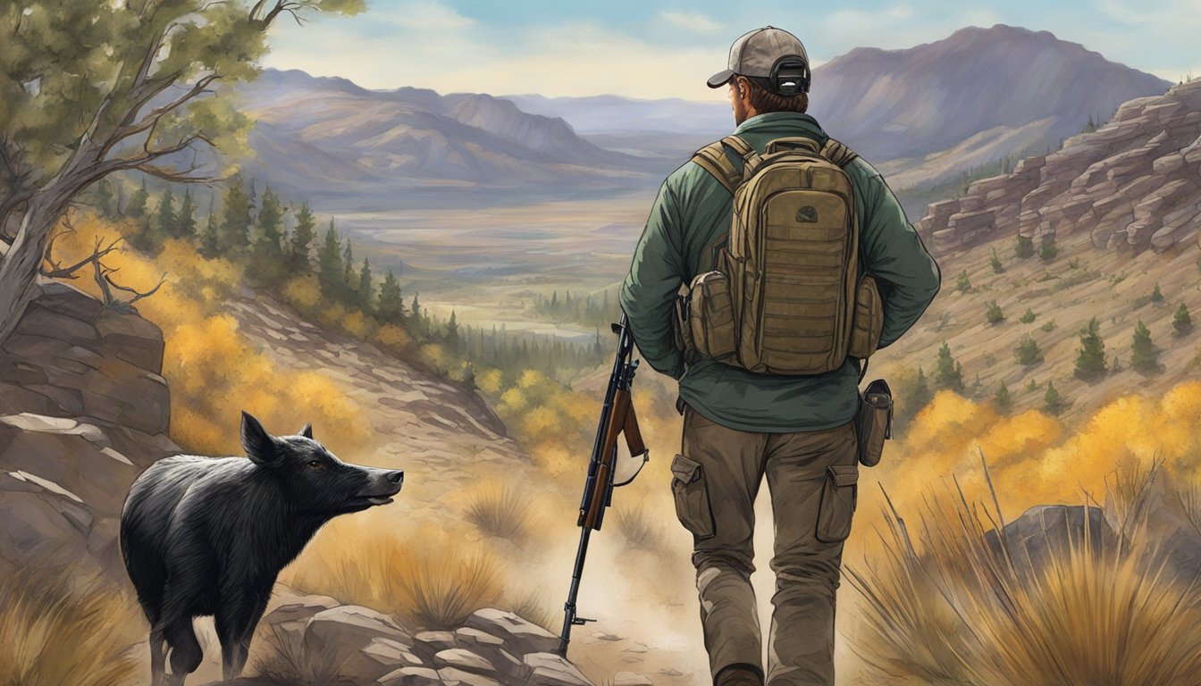 A hunter in Utah tracking wild hogs through rugged terrain with a rifle in hand