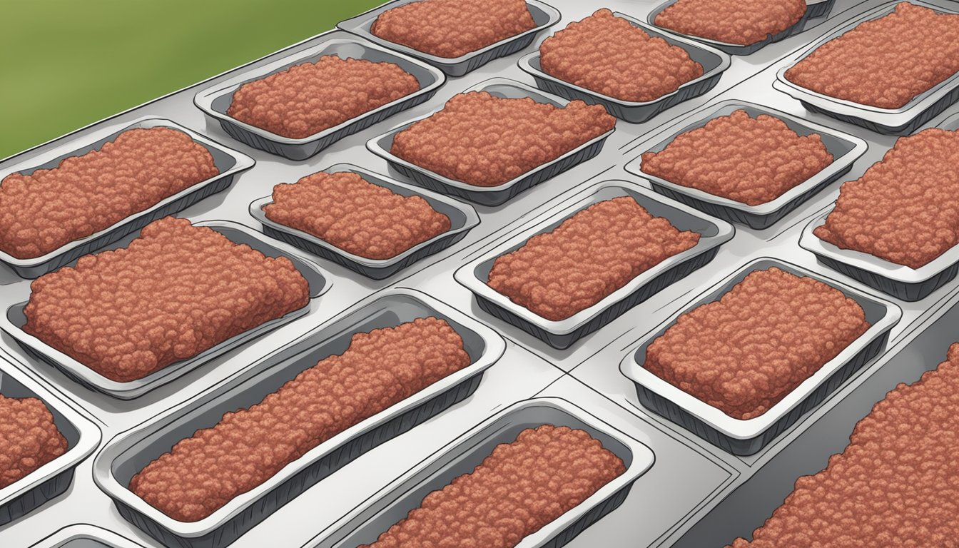 Ground beef spread thinly on dehydrator trays, ready for dehydration