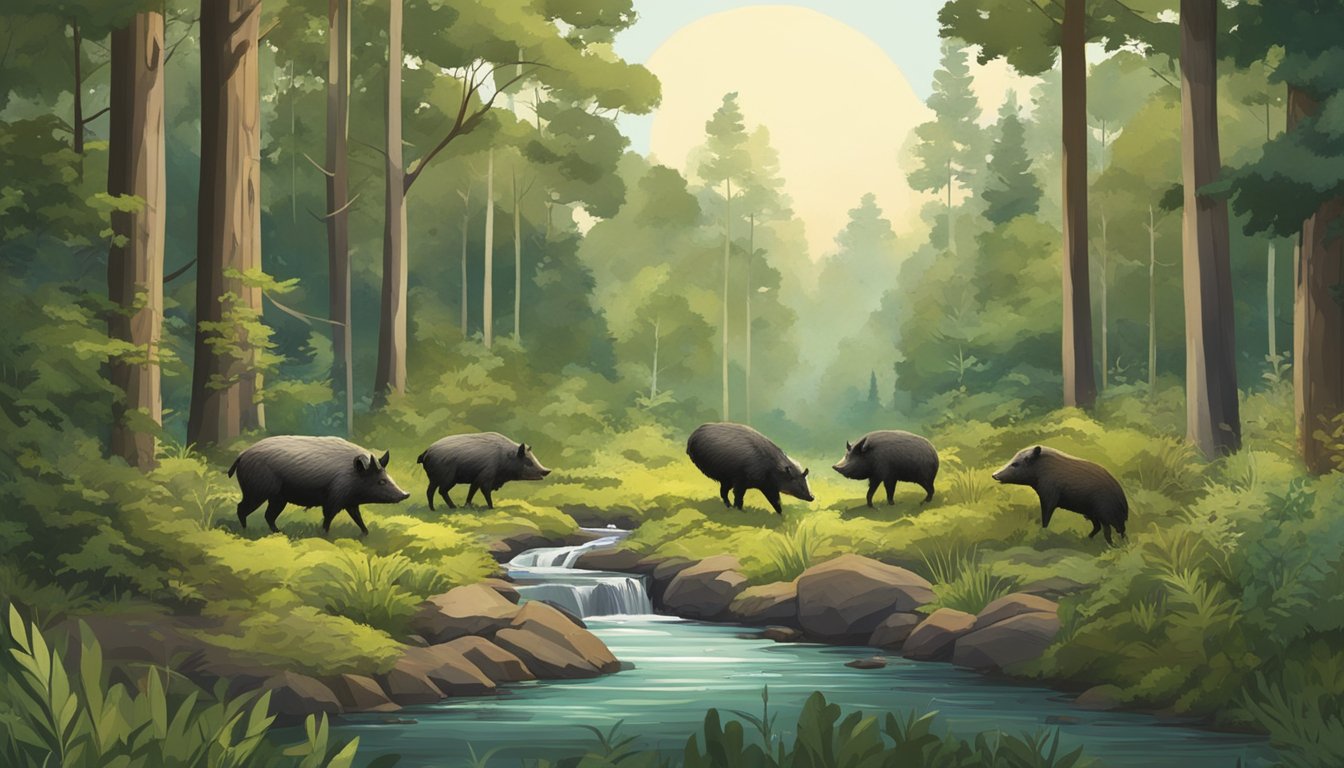 A dense forest with tall trees and thick underbrush, with a small stream running through the center. A group of wild hogs can be seen foraging for food among the foliage