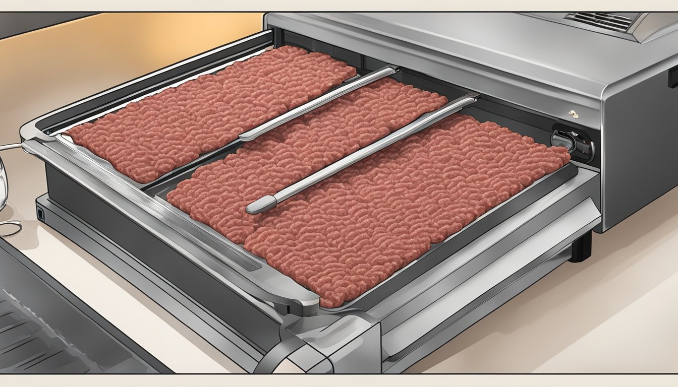 Ground beef being spread out on a dehydrator tray, with the dehydrator plugged in and set to the appropriate temperature