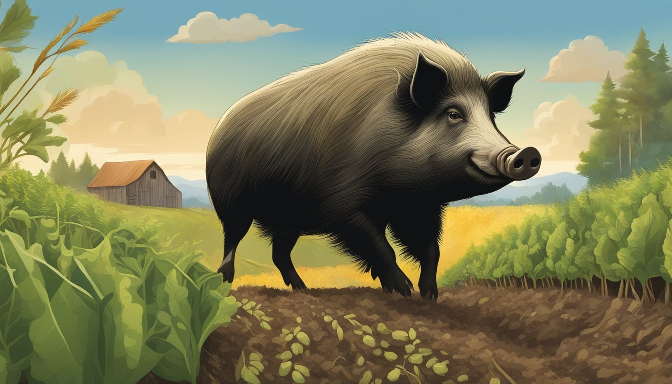 The illustration depicts a wild hog damaging crops in a Washington farm, while native wildlife and vegetation suffer from the ecological impact