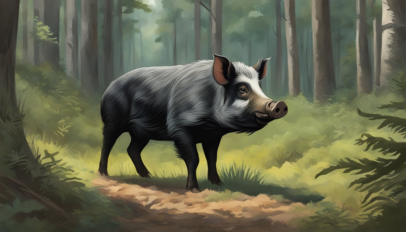 A feral hog sniffs the ground, ears alert, in a dense Wisconsin forest clearing