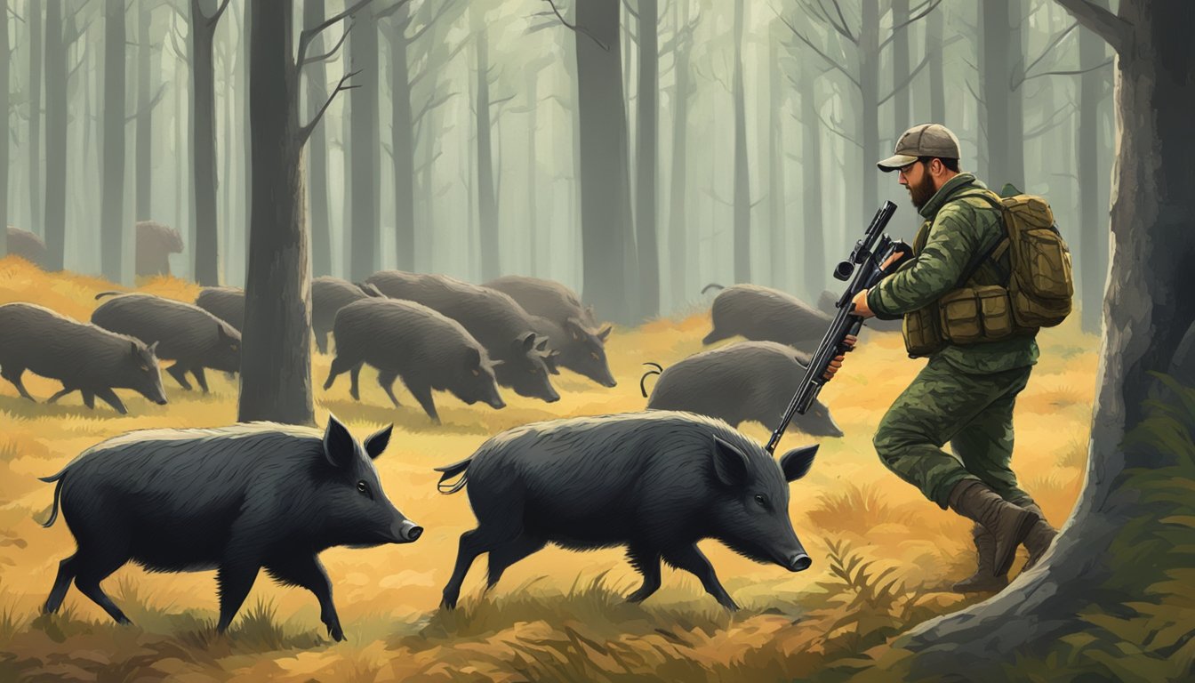 A hunter in camouflage aiming a rifle at a group of wild hogs in a forest clearing