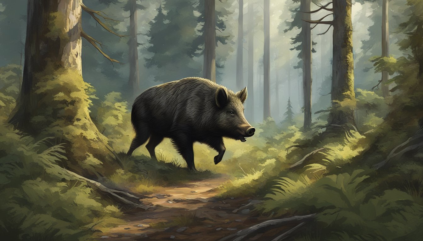 A hunter in camouflage aims at a wild boar in a dense forest in Washington, while signs of disease and health concerns are evident in the environment