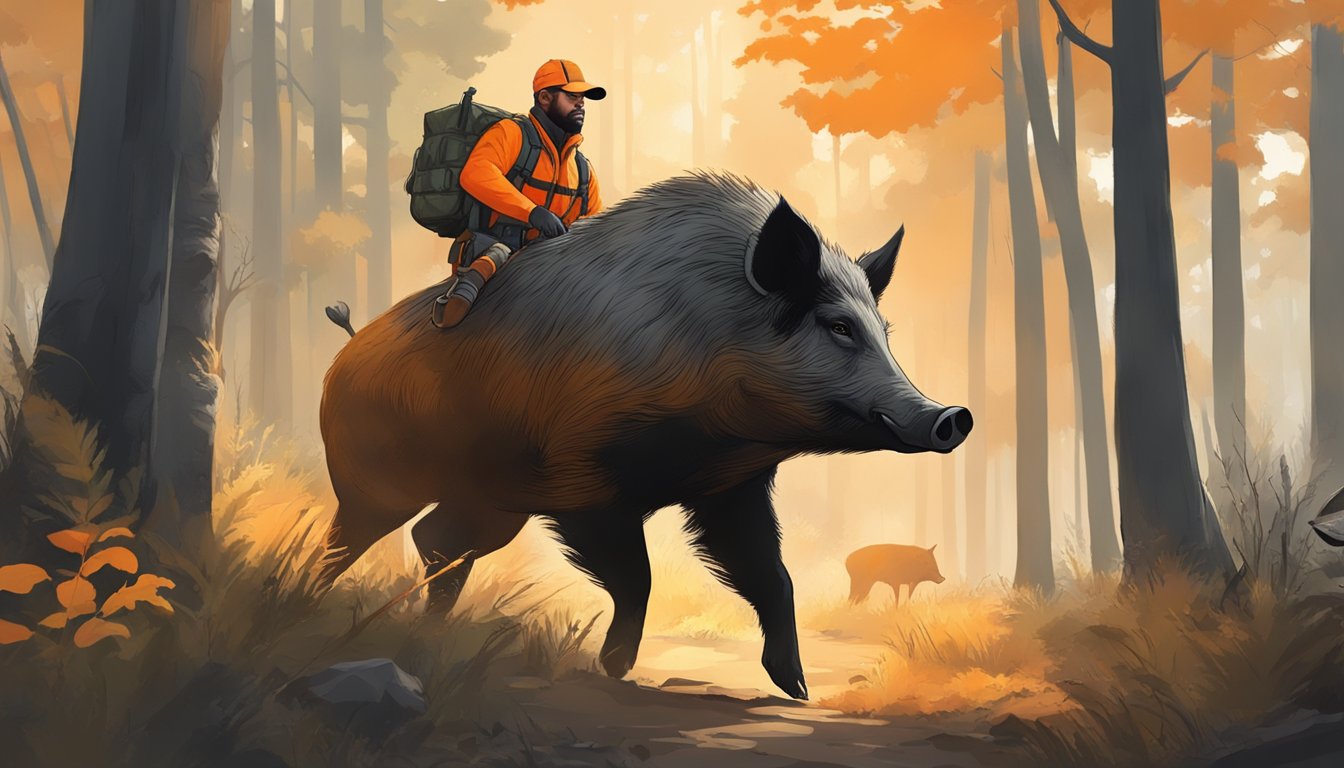 A hunter in bright orange gear cautiously approaches a wild hog in a wooded area, with a focus on safety and ethical hunting practices