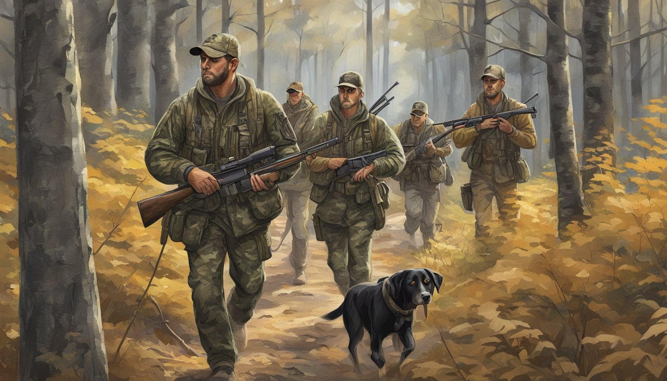 A group of hunters in camouflage gear tracking through the dense Wisconsin forest, armed with rifles and accompanied by hunting dogs