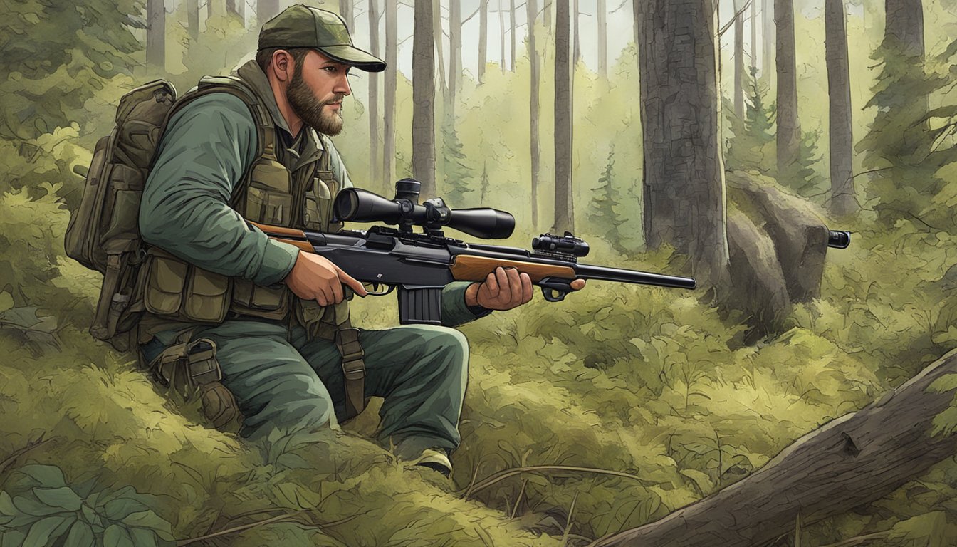 A hunter tracking feral hogs through dense Wisconsin forest, rifle at the ready