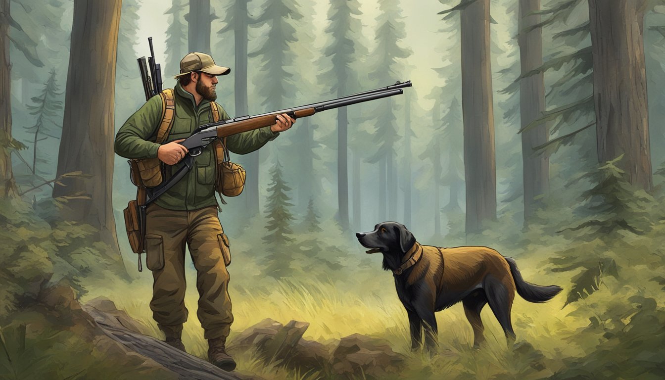 A hunter with a rifle and hunting dog in a forest clearing, tracking a wild hog in Washington