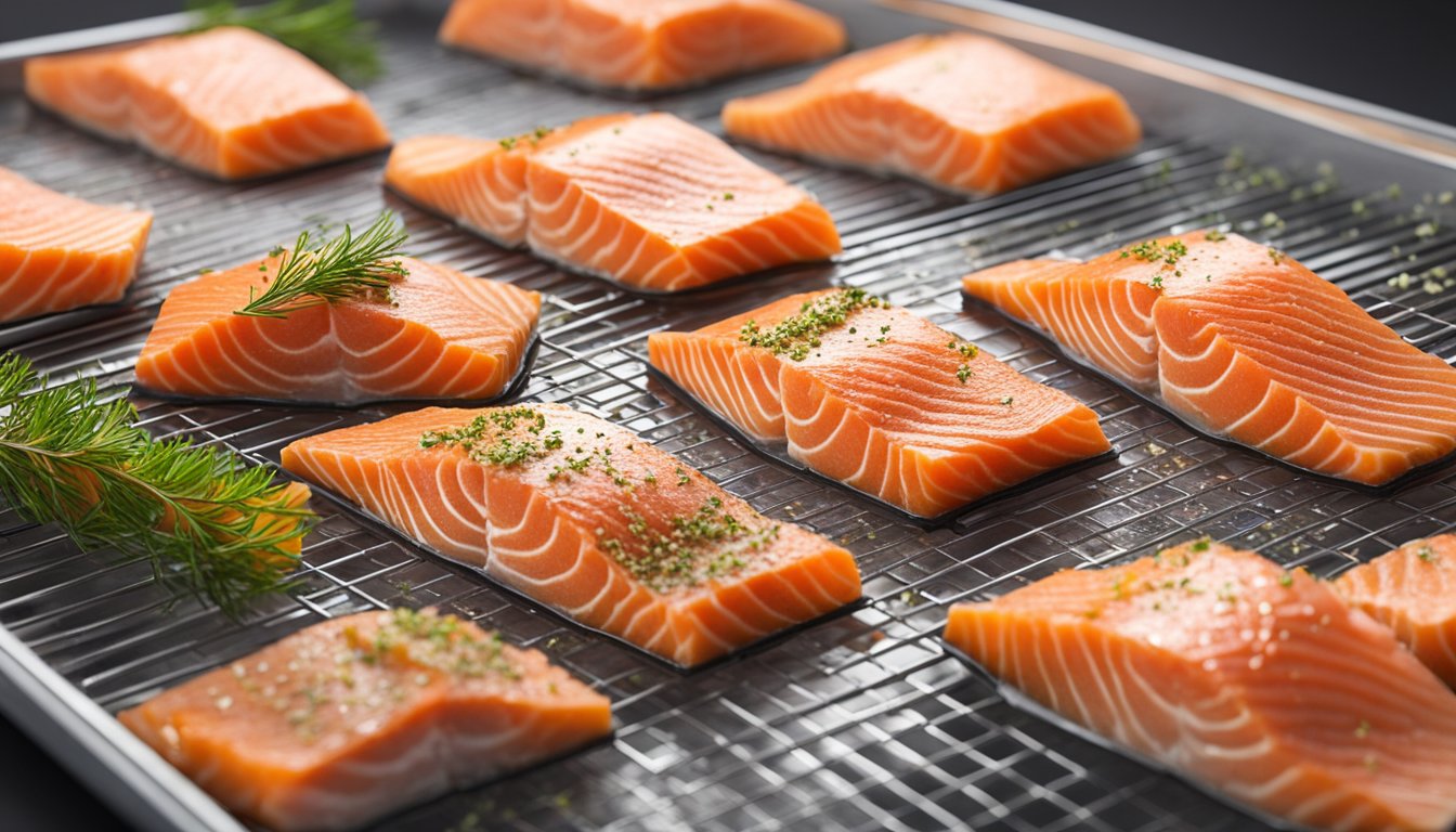 Salmon fillets laid out on a dehydrator tray, with seasonings sprinkled on top, ready for the dehydration process