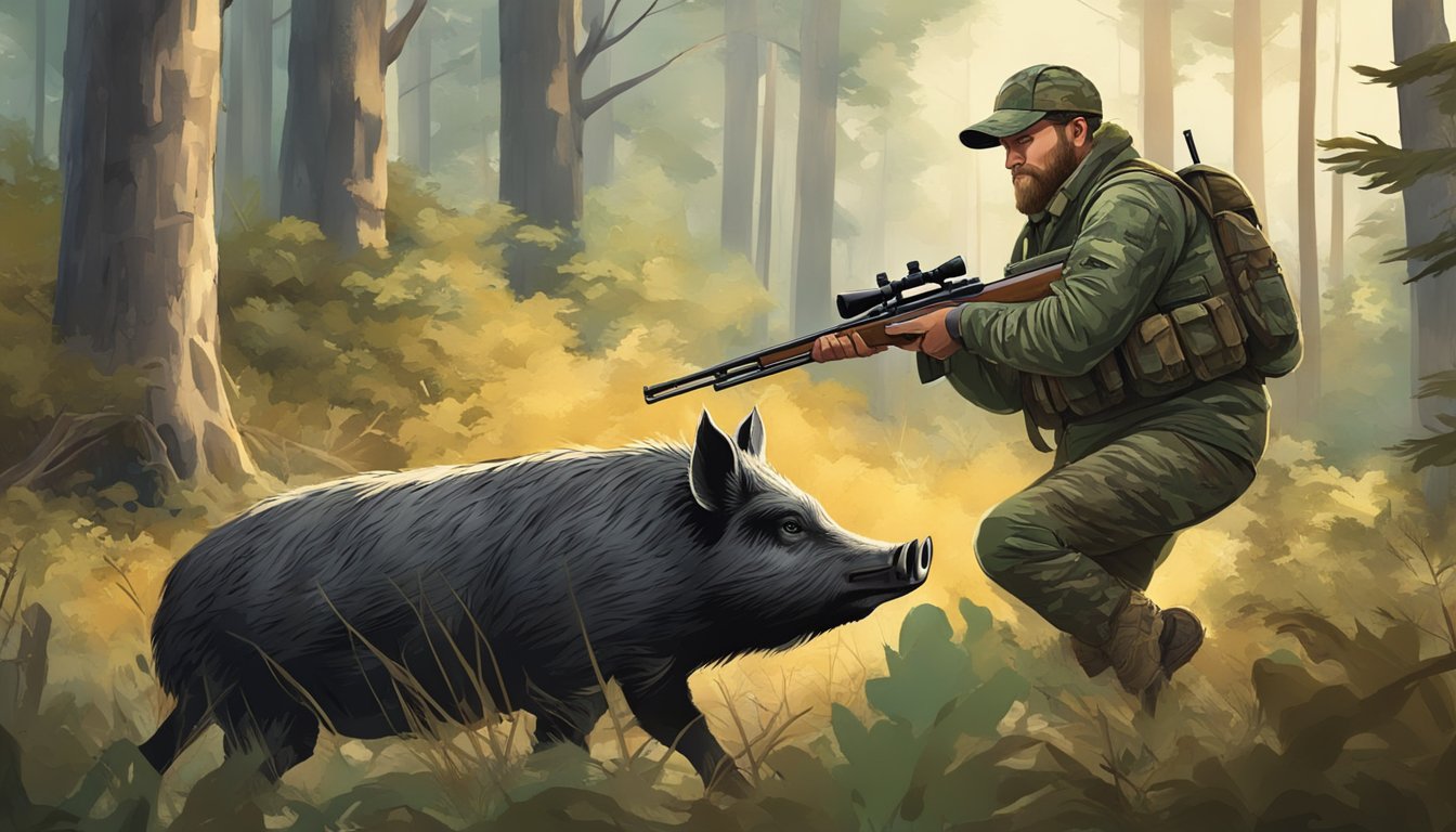 A hunter in camouflage aims a rifle at a wild hog in a forest clearing