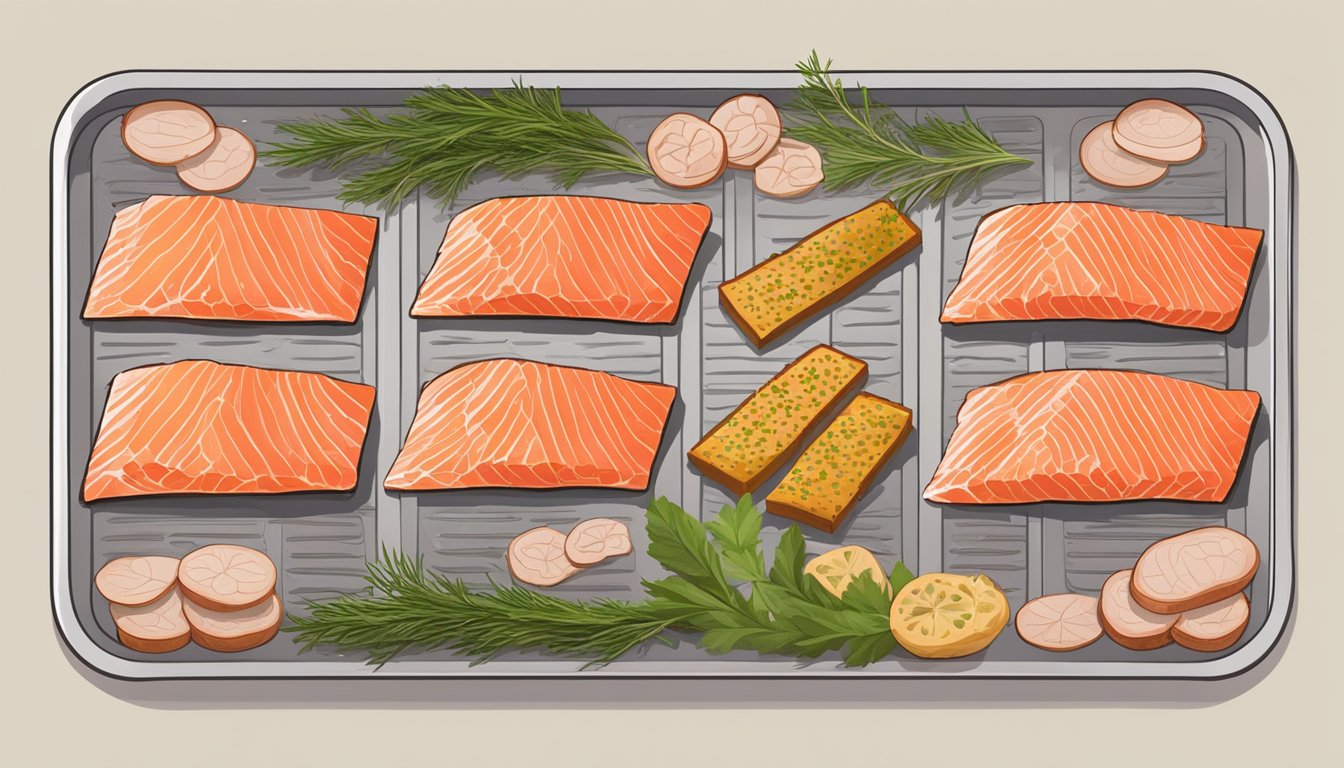 Salmon fillets laid out on dehydrator trays, surrounded by seasonings and herbs. Heat and airflow drying the fish to a jerky-like texture