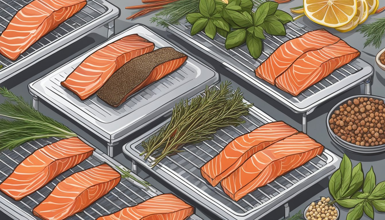 Salmon fillets laid out on a wire rack, surrounded by various herbs and spices. A dehydrator machine hums in the background