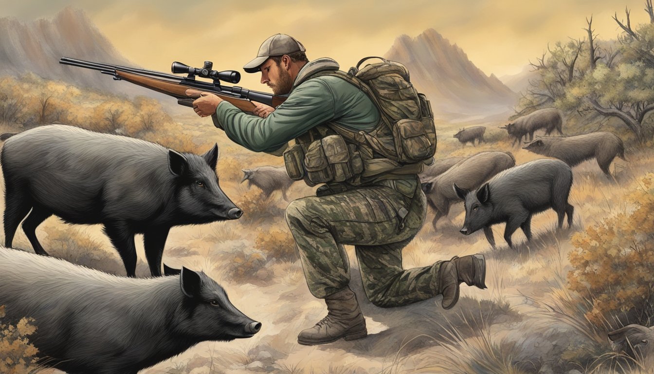 A lone hunter in camouflage aiming a rifle at a group of wild hogs in the rugged Wyoming wilderness