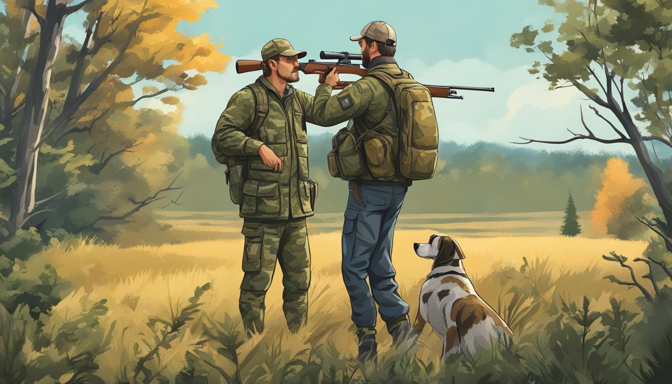 A hunter stands in a field with a rifle, camouflage clothing, and binoculars, surrounded by trees and bushes. Nearby, a hunting dog sniffs the ground