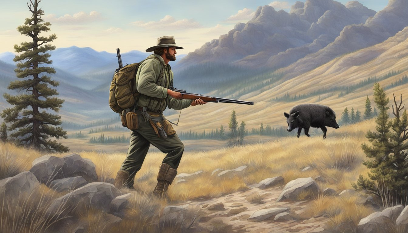 A lone hunter stalking through the rugged Wyoming wilderness, tracking a wild hog with a rifle at the ready