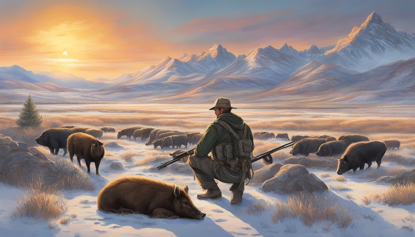 The sun sets over a vast Wyoming landscape, with a hunter processing their game after a successful hog hunt. The hunter is surrounded by tools and equipment, with the carcass of the hog laid out in front of them