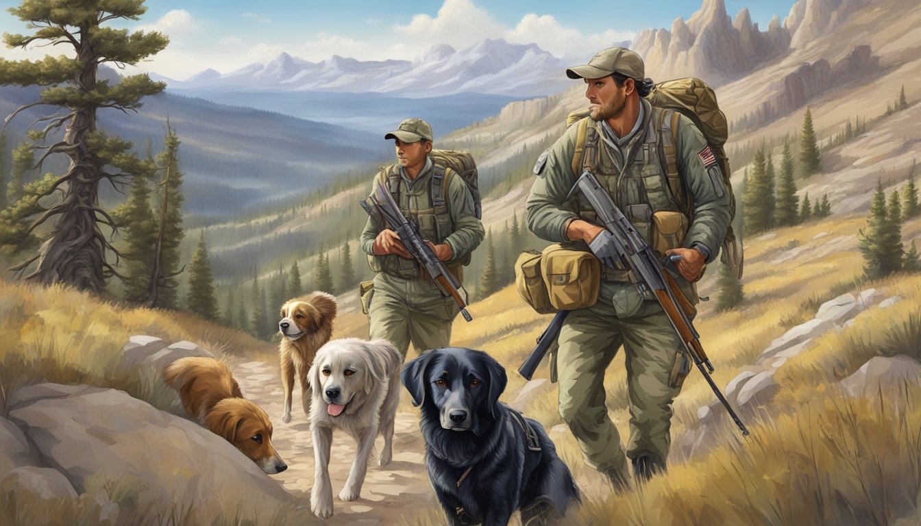 A hunter in camouflage gear holding a rifle, accompanied by a guide with a pack of hunting dogs, trekking through the rugged terrain of Wyoming