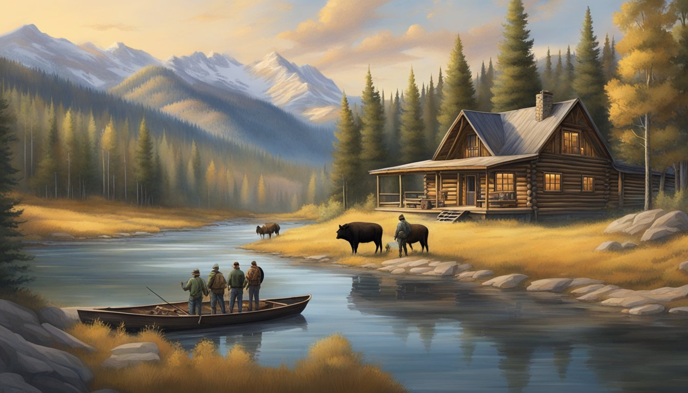 A rustic lodge nestled in the Wyoming wilderness, surrounded by rolling hills and dense forests, with a group of hunters preparing for a hog hunting excursion