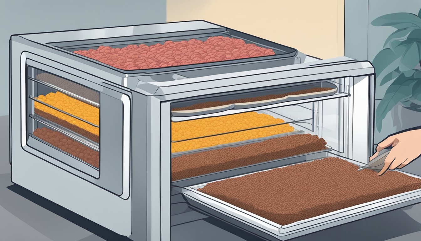 A dehydrator filled with trays of ground beef. A person placing trays inside the dehydrator