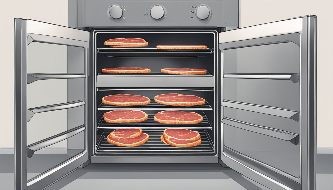 Slices of raw meat laid out on wire racks inside a hot oven, with the oven door slightly ajar to allow for air circulation