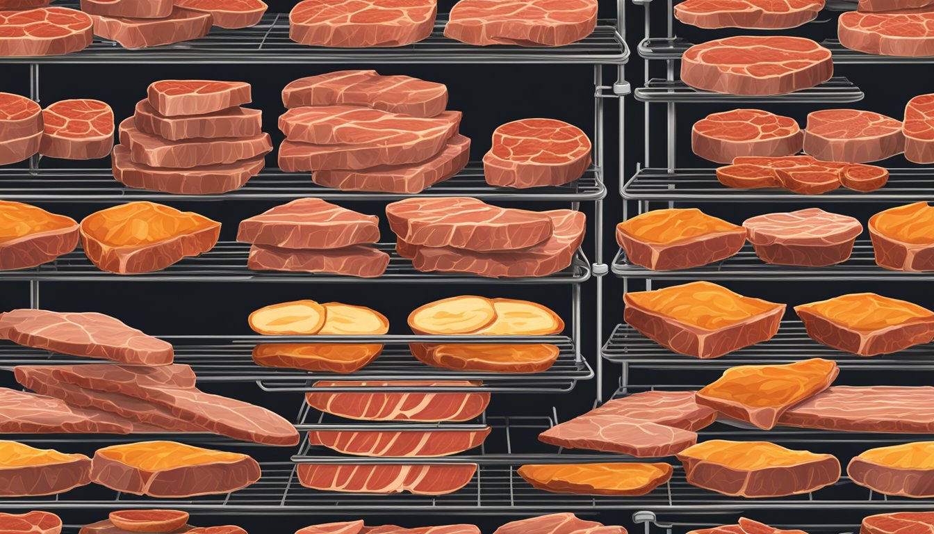 Slices of meat laid out on wire racks inside a hot oven