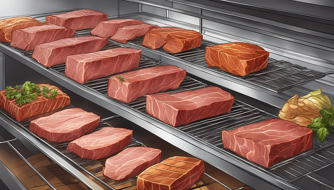 Slices of marinated meat arranged on wire racks inside a low-temperature oven